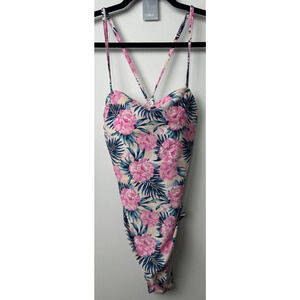 NEW Hot Water One Piece Swimsuit Hawaiian Floral High Leg Pink M $60 D39